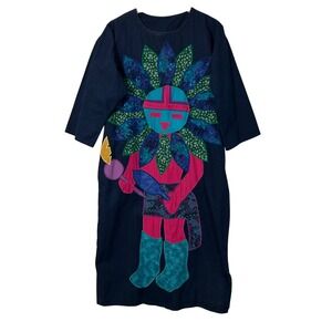 VTG‎ Alfredo's Wife Indigo Denim Applique Sun Deity Kachina Dress Pockets Blue